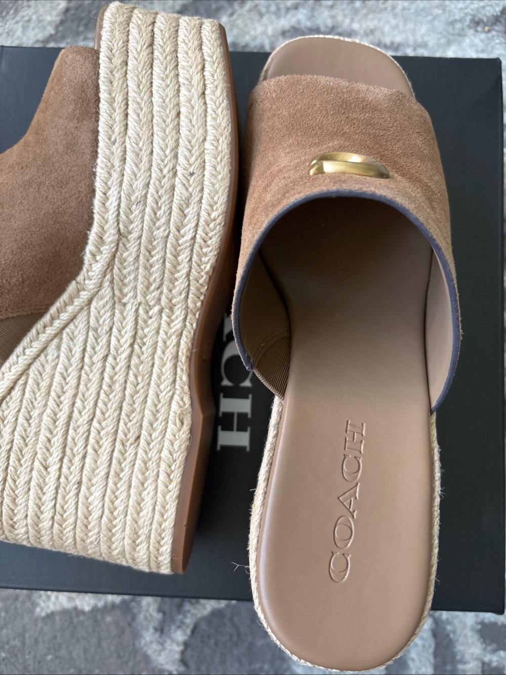 COACH Signature Suede Logo Espadrille Platform Wedge Slide Sandals Size-9.5 New - Picture 13 of 13